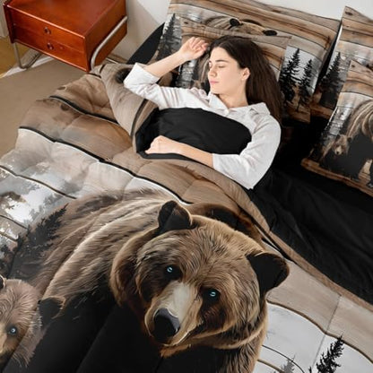 Erosebridal Cute Bear Family Full Comforter Set with Sheets 7 Piece Country Brown Bear Bed in A Bag Wild Hunt Animals Bedding Sets for Women Adults Rustic Wooden Board Cabin Bed Set Farmhouse Decor