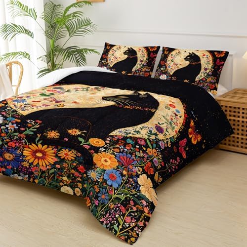 Black Cat Bedding Cartoon Cat Comforter Set Queen，Floral Bedding Queen Size Bed ，with 1 Comforter with 2 Pillow Case