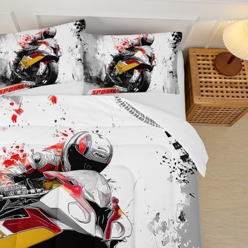Motorcycle Race Comforter Set Full Size for Boys，Kids Sports Themed Full Size Bedding Set，Sport Themed Bedroom Decor for Boys Kids