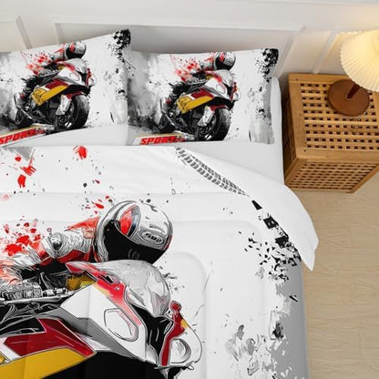 Motorcycle Race Comforter Set King Size for Boys，Kids Sports Themed King Size Bedding Set，Sport Quilt for Boys，with 1 Comforter with 2 Pillow Case