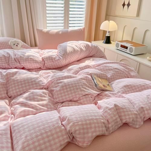 LifeTB Pink Gingham Comforter Set Queen 3 Pieces Plaid Checkered Comforter Set Aesthetic Pink Grid Comforter with 2 Pillowcases Plaid Checkered Pattern Farmhouse Gingham Bedding Set Queen
