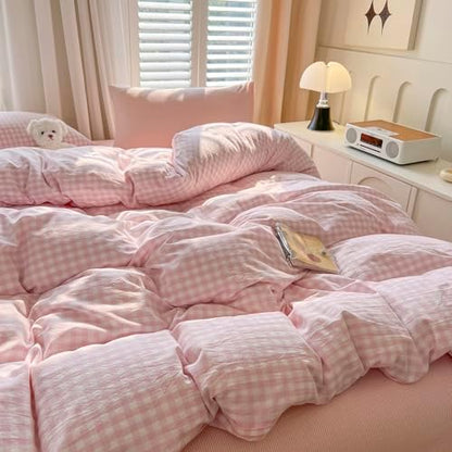 LifeTB Pink Gingham Comforter Set Queen 3 Pieces Plaid Checkered Comforter Set Aesthetic Pink Grid Comforter with 2 Pillowcases Plaid Checkered Pattern Farmhouse Gingham Bedding Set Queen