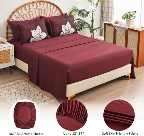 Luxudecor 7 Pieces Full Size Comforter Set, Burgundy Bed in a Bag Floral Comforter and Sheet Set, Soft Microfiber Complete Bedding Set for All Season 78"×90"