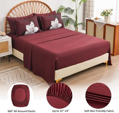 Luxudecor 7 Pieces Full Size Comforter Set, Burgundy Bed in a Bag Floral Comforter and Sheet Set, Soft Microfiber Complete Bedding Set for All Season 78"×90"