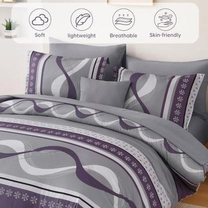 Grey Purple Comforter Set Queen Size,8 Piece Patchwork Striped Bed in a Bag