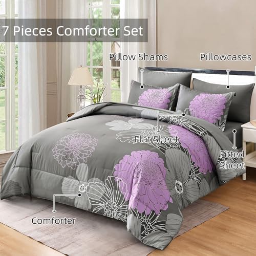 Yiran King Size Comforter Set Grey Purple Comforter Floral Bedding Boho Comforter Set 7 Pieces Soft Microfiber Bed Set for All Seasons 104"×90"