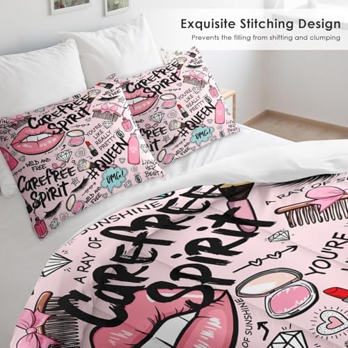 Pamnest Full Comforter Set, 3 Pieces Makeup Pink Bedding, All Season