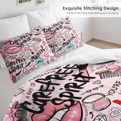 Pamnest Twin Comforter Set, 2 Pieces Makeup Pink Bedding, All Season