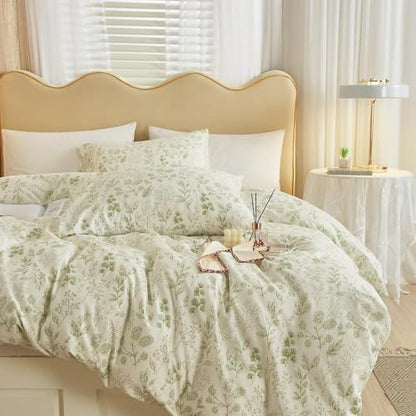 Vintage Boho Floral Duvet Cover King White Green Floral Print Bedding Set Cotton Botanical Floral Comforter Cover Garden Flowers Aesthetic Bedding Cover Boho Style King Duvet Cover with Zipper Closure