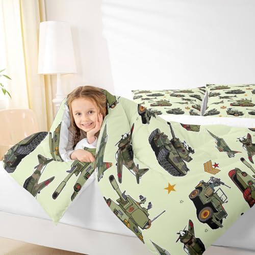 Manfei Aircraft Tank Comforter Set Twin Size, Green Camo Helicopter Airplane Bedding Set 2pcs for Kids Boys Teens Room Decor, Military Army Equipment Down Comforter with 1 Pillowcase, No Sheets
