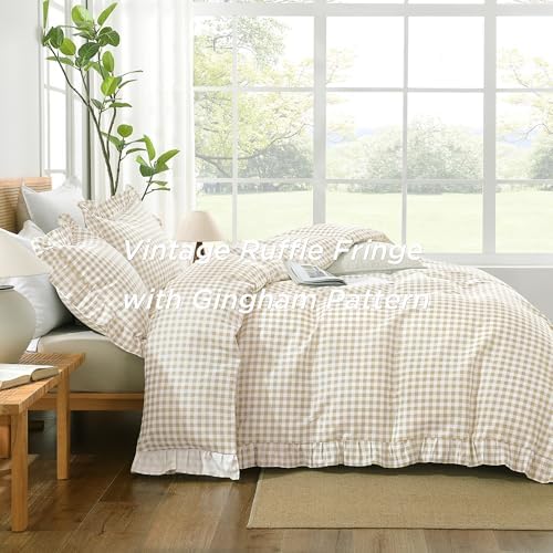 Andency Cream Gingham Duvet Cover King, Ruffle Shabby Bedding Set 3 Pcs