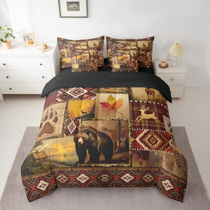 Erosebridal Vintage Rustic Bedding Set Twin Farmhouse Lodge Bear Deer Comforter Set 7 Piece Country Cabin Bed in A Bag for Kids Girls Western Maple Leaf Retro Pine Trees Quilt with Flat Fitted Sheet