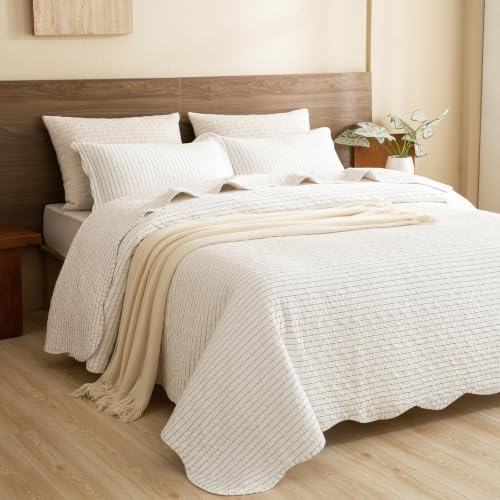 Lady Ann 100% Cotton Queen Quilt, Dark Grey White Classic Stripes Pattern Quilted Queen Bedding Sets, 3 Pcs Lightweight Scalloped Edge Coverlet Ultra Soft Bedspread Set for All Season
