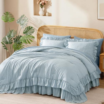 King Size Comforter Set Blue Gingham Ruffle 7 Pieces Farmhouse Bed in a Bag