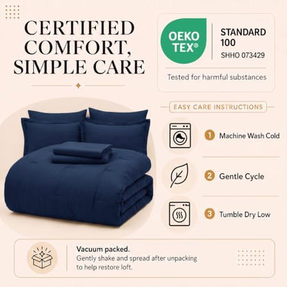 CozyLux Oversized Queen Comforter Set Navy, 7 Pieces Bed in a Bag