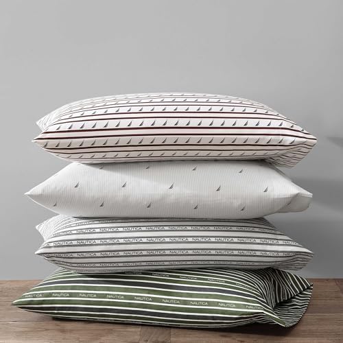 Nautica - Twin Sheet Set, Breathable & Cooling Microfiber Bedding with Matching Sham(s), Casual Home Decor (Striped Nautica Logo Grey, Twin)