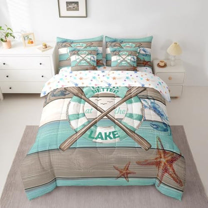 Erosebridal Boat Paddle Bedding Set for Kids Teens,Lake House Comforter Set King Size,Teal Wooden Plank (Comforter+Fitted+Flat Sheet+2 Pillowcases+2 Throw Pillow Covers) 7 Pieces Bed Set