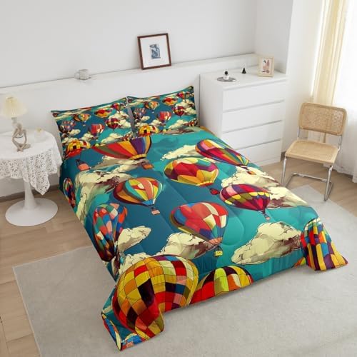 Erosebridal Hot Air Balloon King Comforter Set for Boys Girls Kids,Cute Rainbow Bedding Set Boho Room Decor,Blue Sky Cloud Comforter Set Breathable Cartoon Colorful Balloons Quilt Bed Set 3Pcs