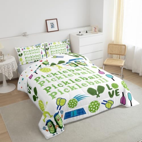 Castle Fairy Funny Pickleball Comforter Set Full Size American Modern Sports Bedding Set Kids Boys Girls Cartoon Athlete Silhouette All Season Quilt Set Geometric Balls Bedding Comforter Sets,3Pcs