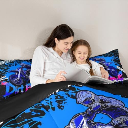 Feelyou Racing Motocross Rider Kids Bedding Set,Boys Girls King Size,Extreme Sports Comforter Set,Dirt Bike Ultra Soft Duvet Quilt,Tire Print Comforter Motorcycle Bedroom Decor