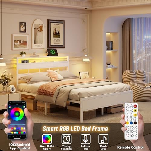 Furnulem Queen Bed Frame White,Storage Headboard,Charging Station & RGB LED
