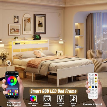 Furnulem Queen Bed Frame White,Storage Headboard,Charging Station & RGB LED