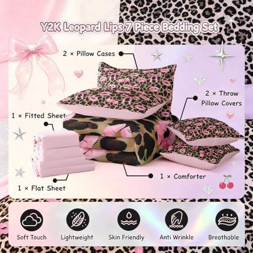 Erosebridal Leopard Skin Queen Comforter Set with Sheets Pink Ribbon Bow 7 Piece Bedding Set Pink Lips Print Bed in a Bag, Girls Bows Decor Coquette Room Decor