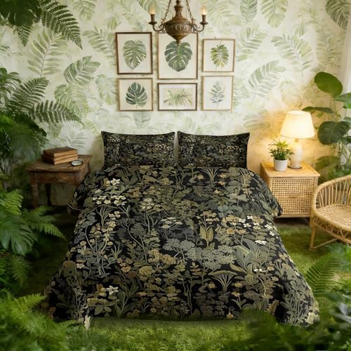 Retro Botanical Comforter Set Twin Size,Dark Green Leaves Bedding Sets 2Pcs for Kids Teens Adult Room Decor,Tropical Fern Plants Quilted Duvet Rustic Farmhouse Style Down Comforter,1 Pillowcase