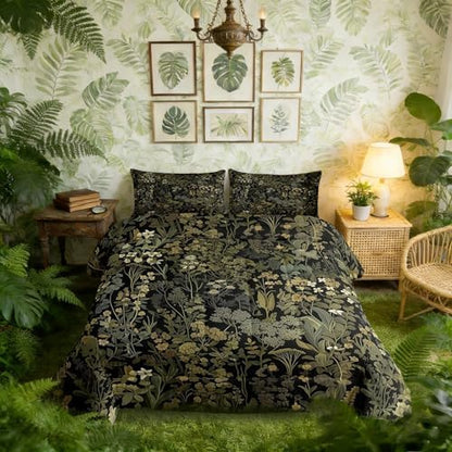 Retro Botanical Comforter Set Twin Size,Dark Green Leaves Bedding Sets 2Pcs for Kids Teens Adult Room Decor,Tropical Fern Plants Quilted Duvet Rustic Farmhouse Style Down Comforter,1 Pillowcase