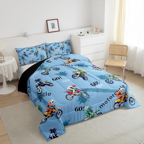 Feelyou Dirt Bike Bedding Set Kids Boys Girls King Size Racing Motocross Rider Comforter Set Teen Adult Ultra Soft Extreme Sports Comforter Motorcycle Racer Duvet Quilt Bedroom Decor Motorbike Quilt