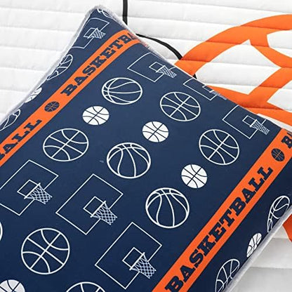 Lush Decor Basketball Game Reversible Quilt Twin Size 4 Piece Set, White & Navy - Kids Bedding Set - Twin Size Quilt - Sports Décor