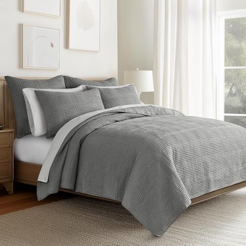 Levtex Home Cloud Waffle Full/Queen Quilt Set (88x92in) and 2 Pillow Shams (26x20in) - Box Quilted Waffle Cotton Texture - Grey - Cotton Full/Queen Size Quilt Bedding Set - Lightweight Soft Pre-Washed