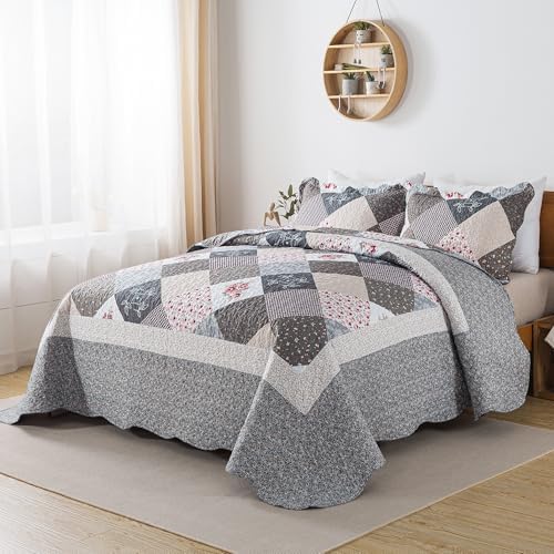 HoneiLife King Quilt Bedding Set - 3 Pieces Microfiber Quilt Sets Lightweight Bedspreads Reversible Coverlets Retro Bed Cover Quilt King Size All Season Quilts-Grey