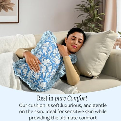 CPC Block Print Blue Sapphire Ruffle Cotton Lumbar Pillow Cover 12x20 inch