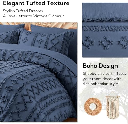 MR&HM King Size Comforter Set 7 Pieces, Boho Tufted Bedding Set Navy Blue