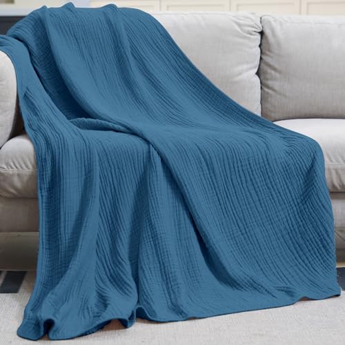 Yoofoss Muslin Blanket 100% Organic Cotton Large Twin Size 60" x 80" for Bed Couch Summer Gauze Blanket for Adults Lightweight and Breathable Dark Blue