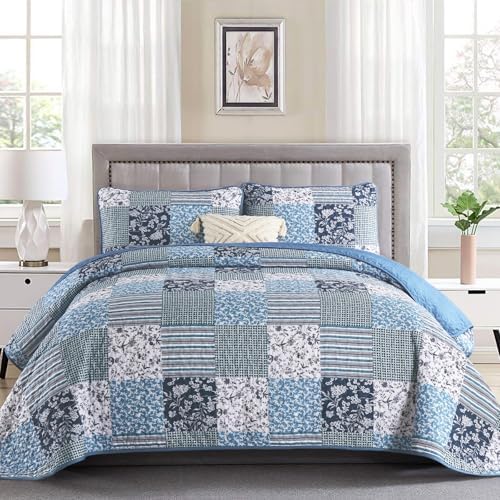 Mybedsoul King Size Quilt, Boho Patchwork Floral Bedding Set, Navy Blue