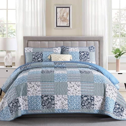 Mybedsoul King Size Quilt, Boho Patchwork Floral Bedding Set, Navy Blue