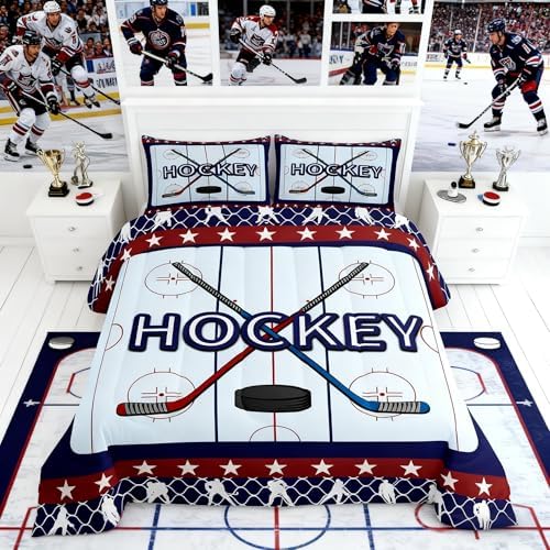 Homewish Hockey Comforter Set,Ice Hockey Player Bedding Set for Kids Girls Women,Adults Hockey Pucks Comforter,Ice Hockey Field Quilted Duvet Set Bedroom Collection Twin Size 2Pcs