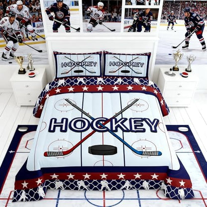 Homewish Ice Hockey Full Size Comforter Set,Ice Hockey Sticks Bedding Set for Adults Teens,Children Winter Sports Comforter Luxury Navy and Red Quilt Set Room Decor 3Pcs