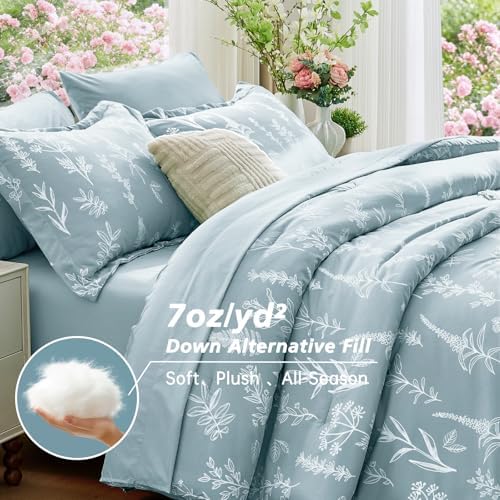 MUXHOMO Mineral Blue TwinXL Comforter Set, Elegant Floral Print Bed in a Bag 5 Pieces, Ultra Soft & Breathable Reversible Botanical Pattern Bedding Set with Comforter, Sheets, Pillowcase, and Sham