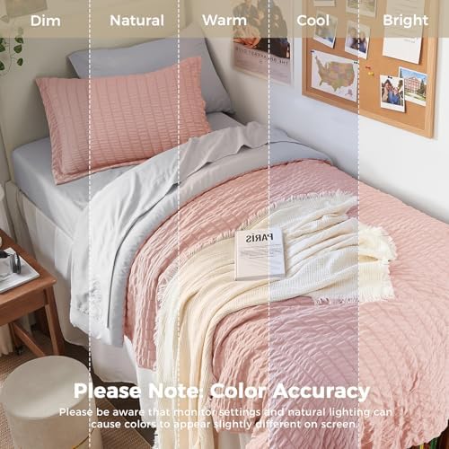 HYMOKEGE Rose Gold/Light Grey Twin XL Comforter Set Seersucker 5 Pieces, All Season Luxury Bed in a Bag for Bedroom, Bedding Set with Comforter, Sheets, Pillowcase & Sham