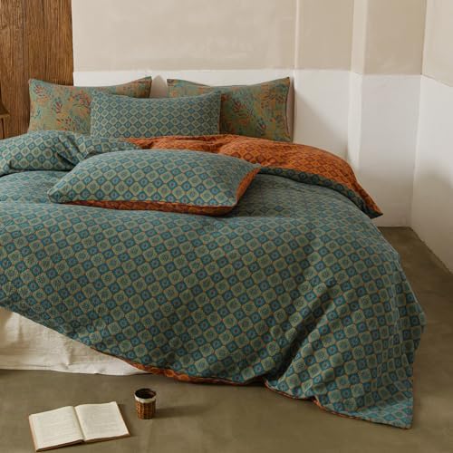 Simple&Opulence Muslin Duvet Cover Set Queen Size, 100% Washed Cotton 3 Pieces Yarn-Dyed Vintage Teal Green Floral Jacquard Textured Bedding, Soft Breathable Gauze Comforter Cover with Zipper Closure