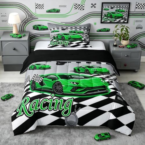 Feelyou Boys Race Car Kids Comforter Set Toddler Size Speed Sports Car Bedding Set Racing Extreme Sports Duvet Quilt for Kids Boys Girls Bedroom Decor Microfiber Ultra Soft Breathable