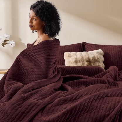 Wonderful - Velvet Quilt Set King Size Burgundy, Soft Cotton-Feel Plush Coverlet with Shams, Premium Vertical Channel Stitched, Lightweight All-Season Bedspread