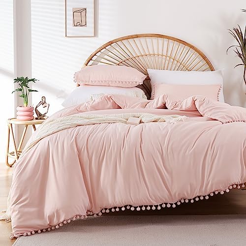 YIRDDEO Twin Comforter Set, Blush Pink Ball Pom Fringe Bedding Set 2 Pcs