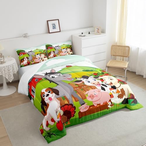 Feelyou Cute Farm Animals Bedding Set Kids Cartoon Pig Dog Cow Horse Comforter Set for Boys Girls Teens Nature Country Comforter Farmhouse Rustic Duvet Set Colorful Decor Quilt King Size Boys