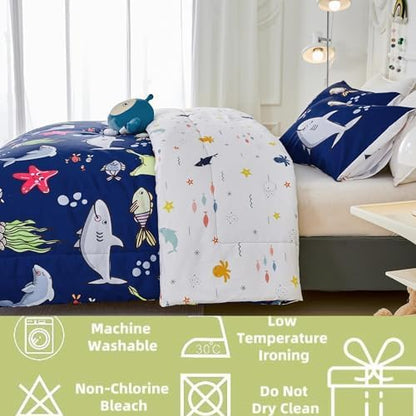 RYNGHIPY 3 Pcs Ocean Animals Full Comforter Set for Boys Navy