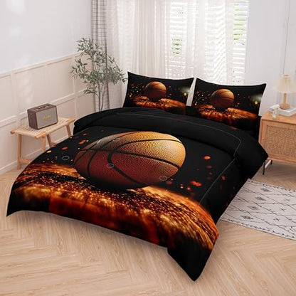 Helloosun 5PCS Basketball Bedding Full,Boys Sports Comforter Set,Full Basketball Comforter for Boys,Red and Black Court Bed Set