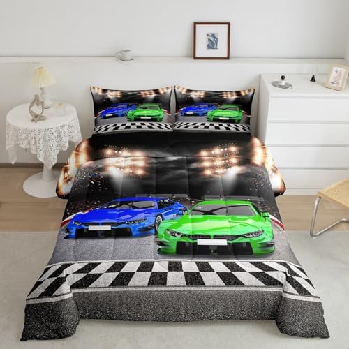 Feelyou Sports Car Comforter Full Size Decor Green Blue Race Car Comforter Set for Kids Boys Racing Car Bedding Set Extreme Sports Competitive Quilt Set Room Decorations